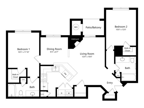 Floor plan for 2 beds, 2 baths, 1095 sqft